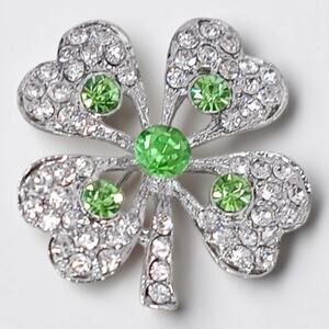 Vintage Sparkling Rhinestone Lucky Clover Brooch Pin Silver Tone Excellent